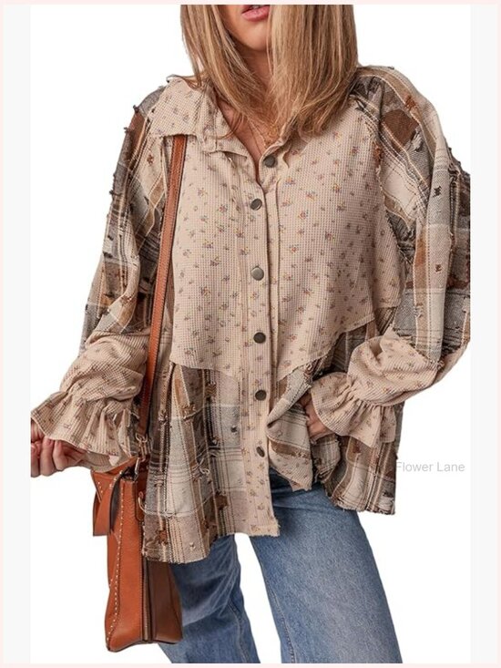 Tops - Waffle Knit Button Down Shirt for Women Ruffled Sleeve Boho Floral Plaid